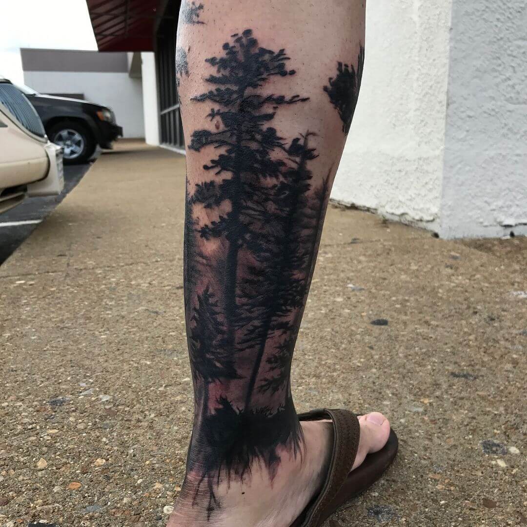 Forest Silhouette Tattoo Sleeve On Leg