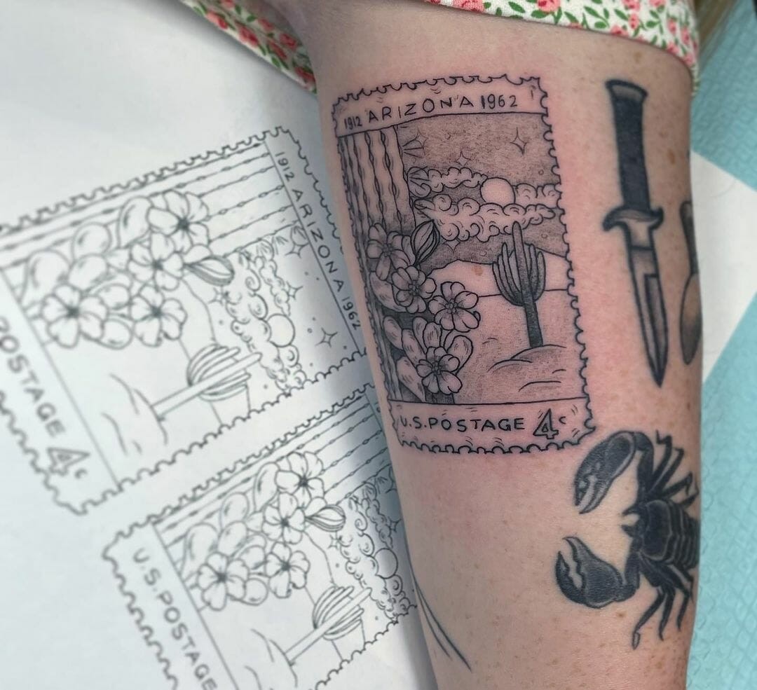 Postage Stamp Themed Desert Tattoo Design For The Old School Folks