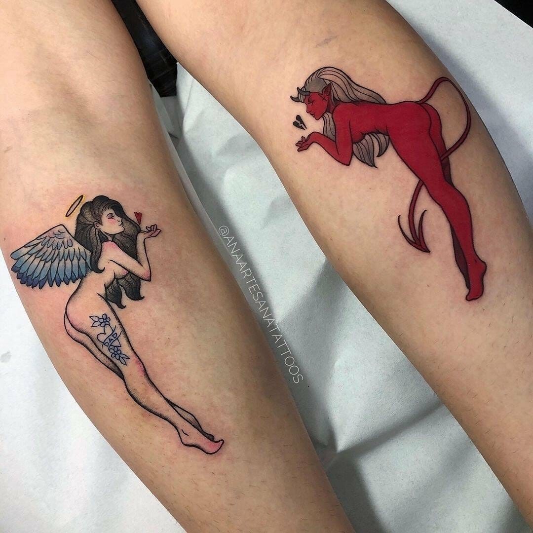 Angel And Devil Whispering Tattoo Above The Knee