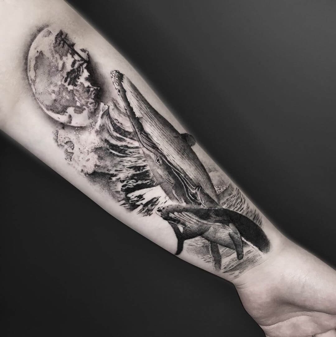 Realistic Humpback Whale Tattoo Designs Done In Grayscale Forearm Tattoo Ideas For Men