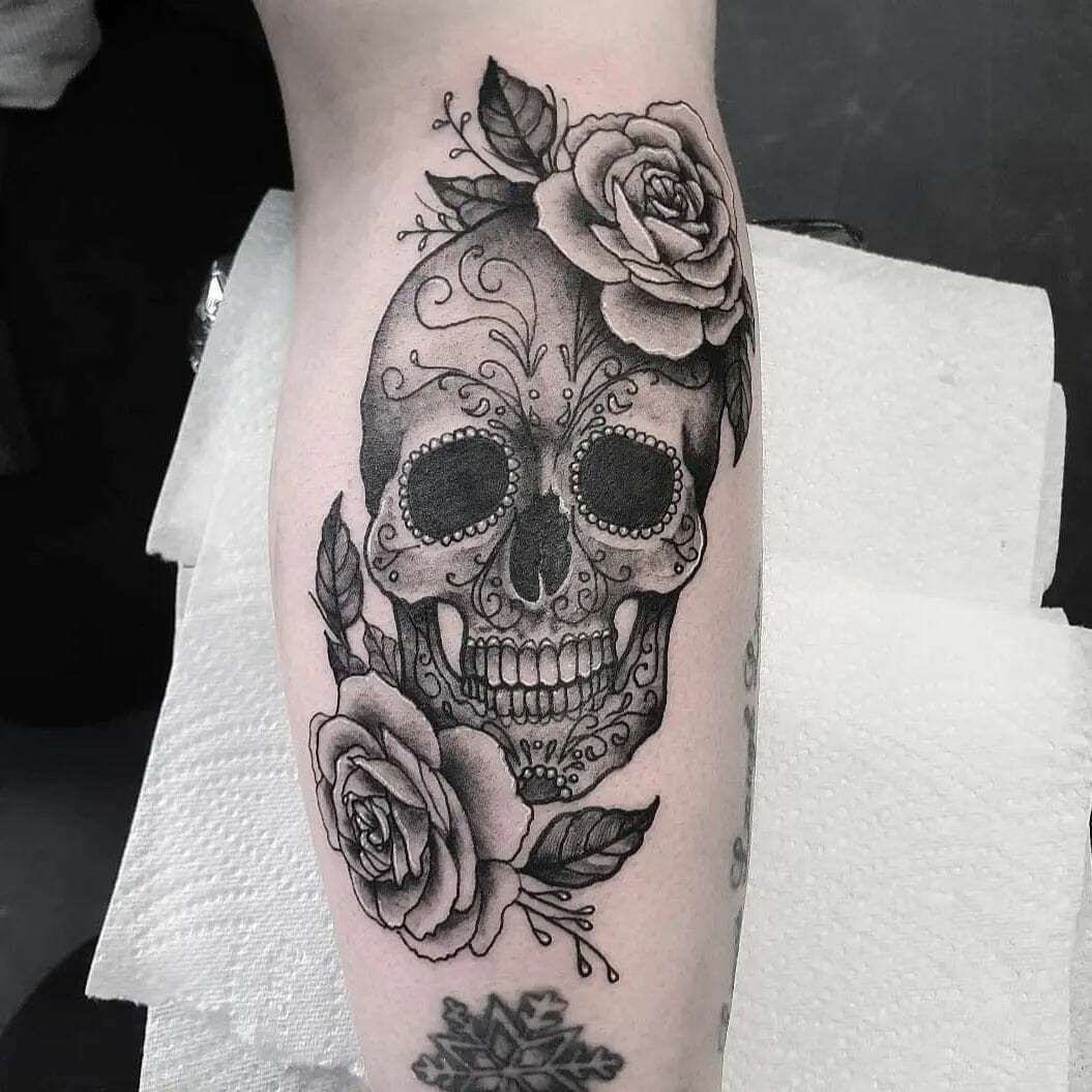 Feminine Flowers Sugar Skull Tattoo