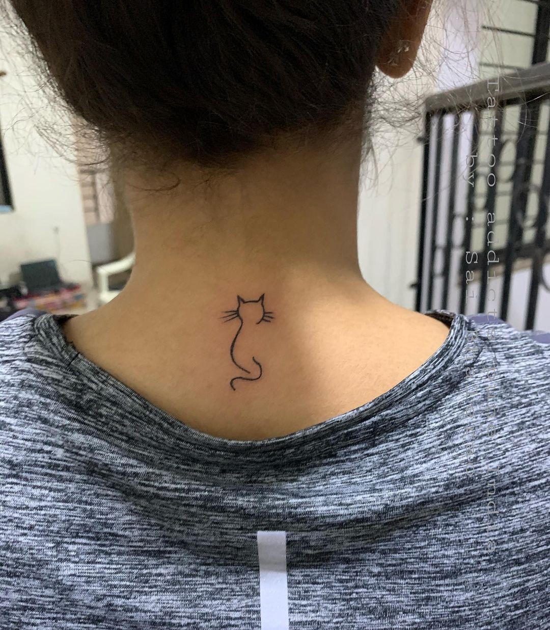 Neck Cat Outline Tattoo