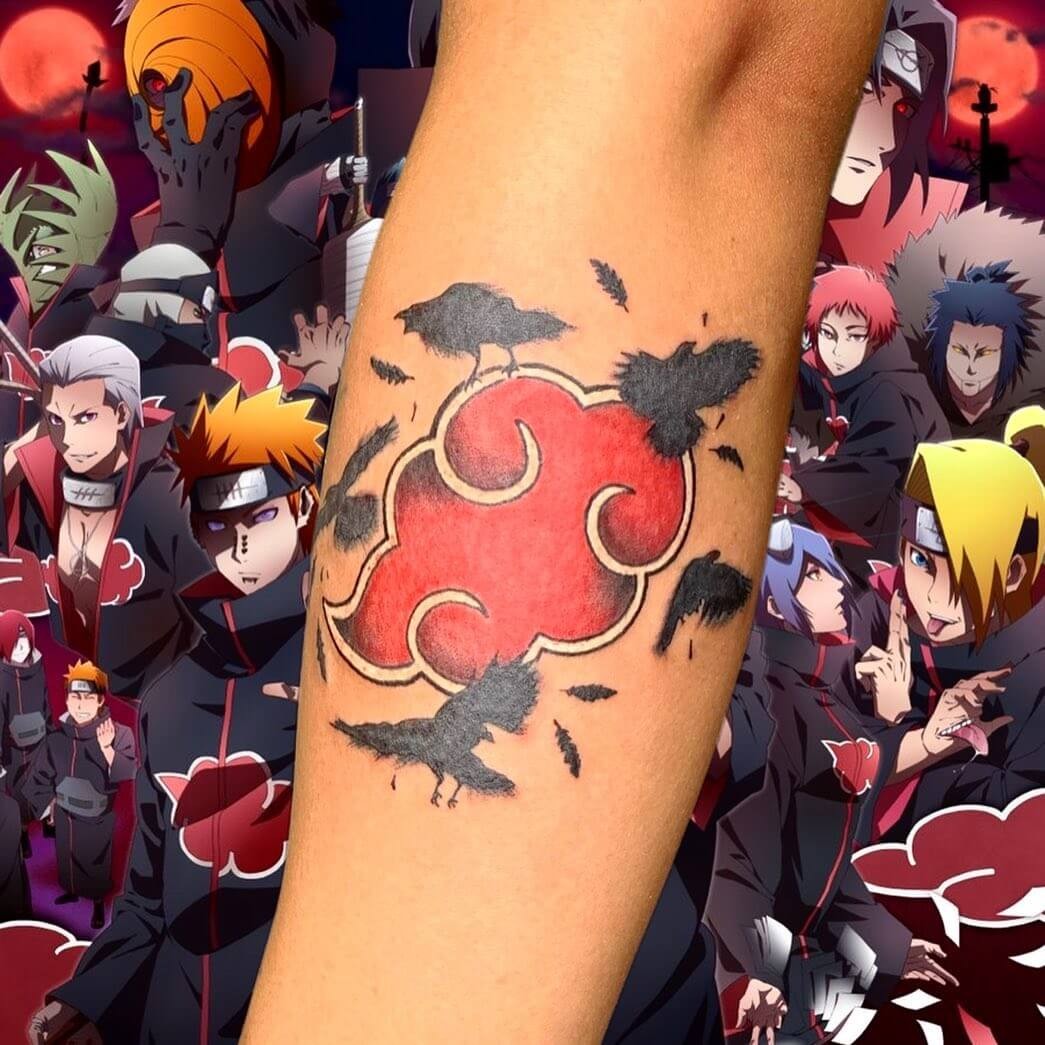 Black Crows And Akatsuki Cloud Tattoo