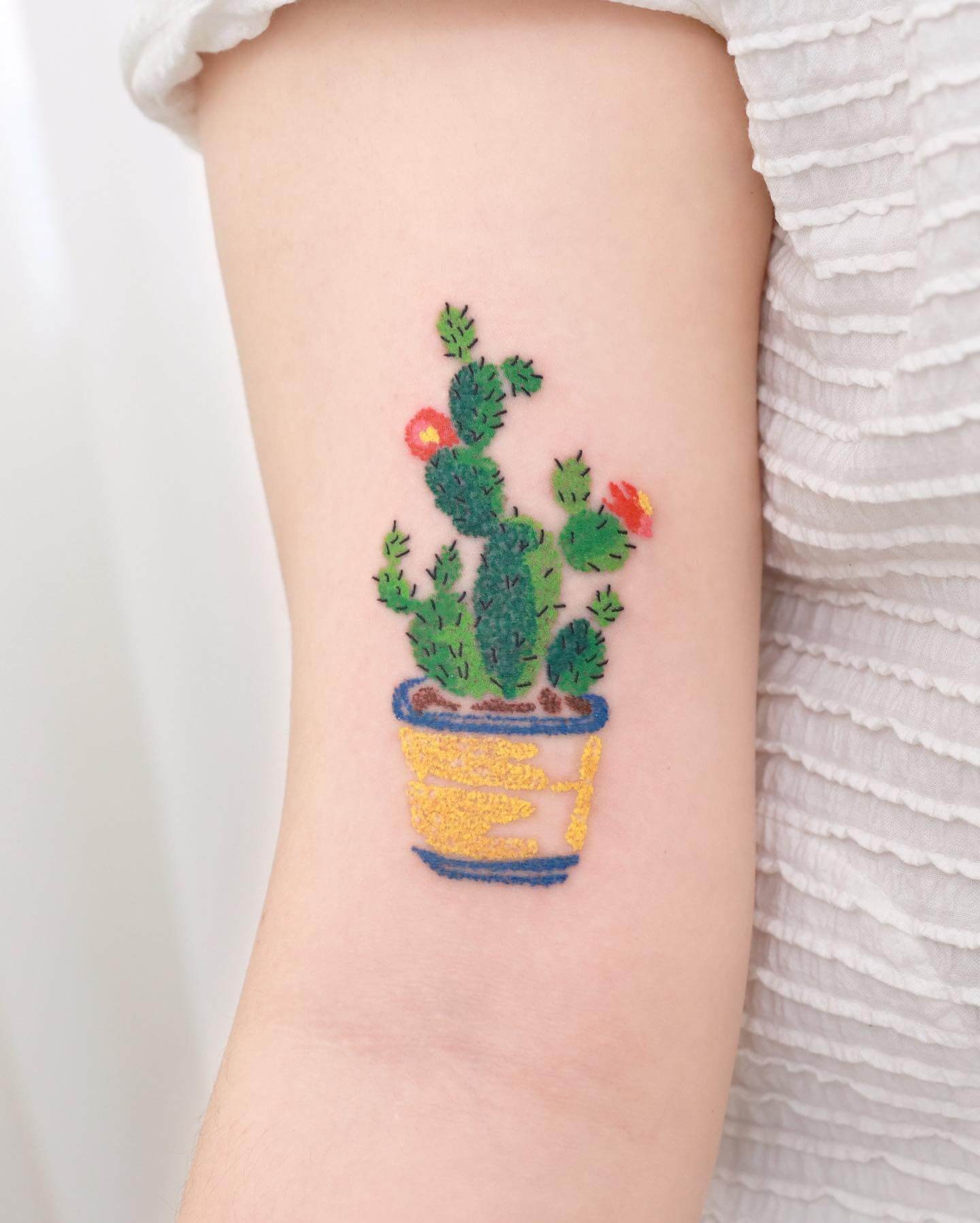 Vibrant Small Cactus Tattoo In Oil Pastel Work