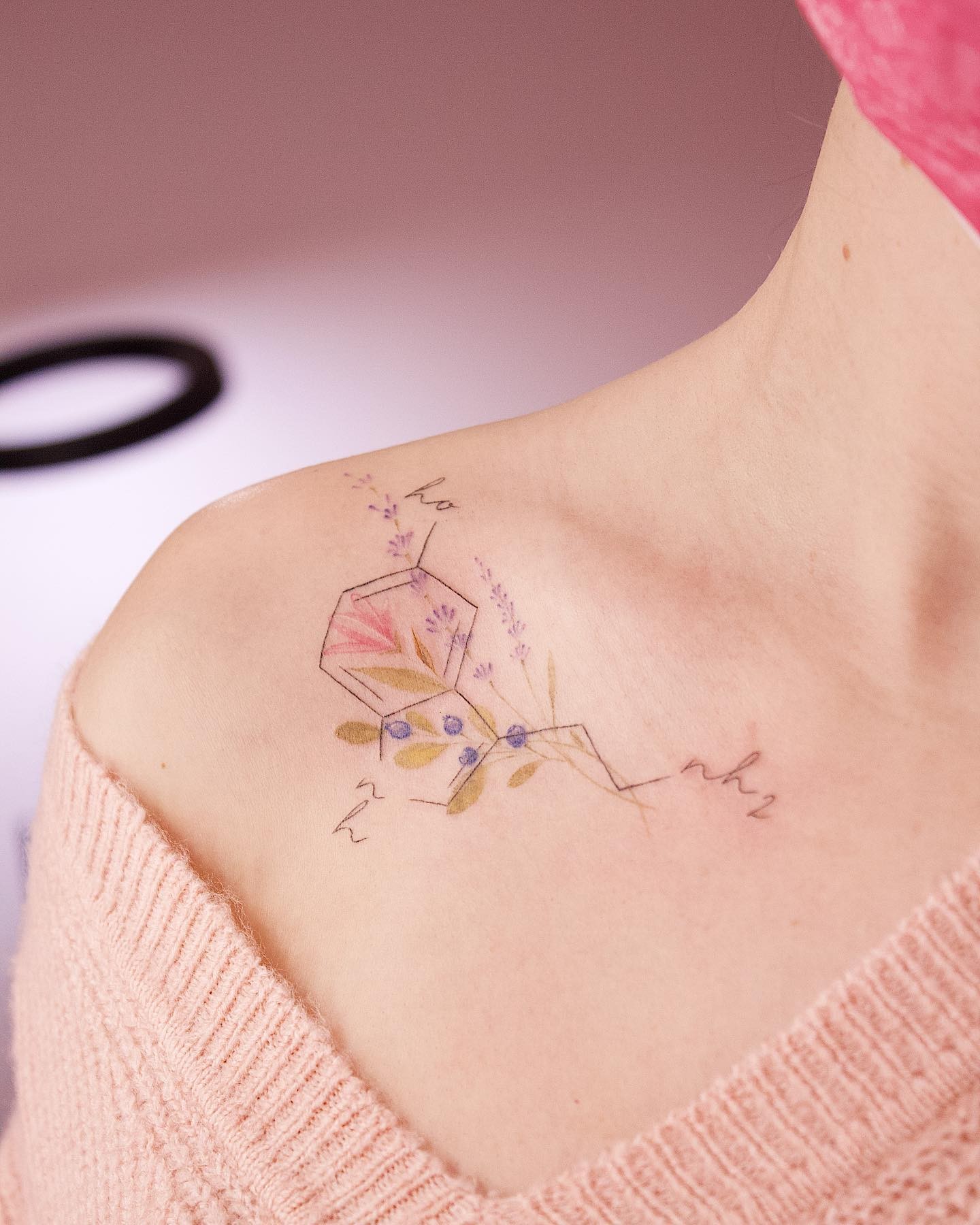 Dopamine Chemical Structure Tattoo with Floral Background