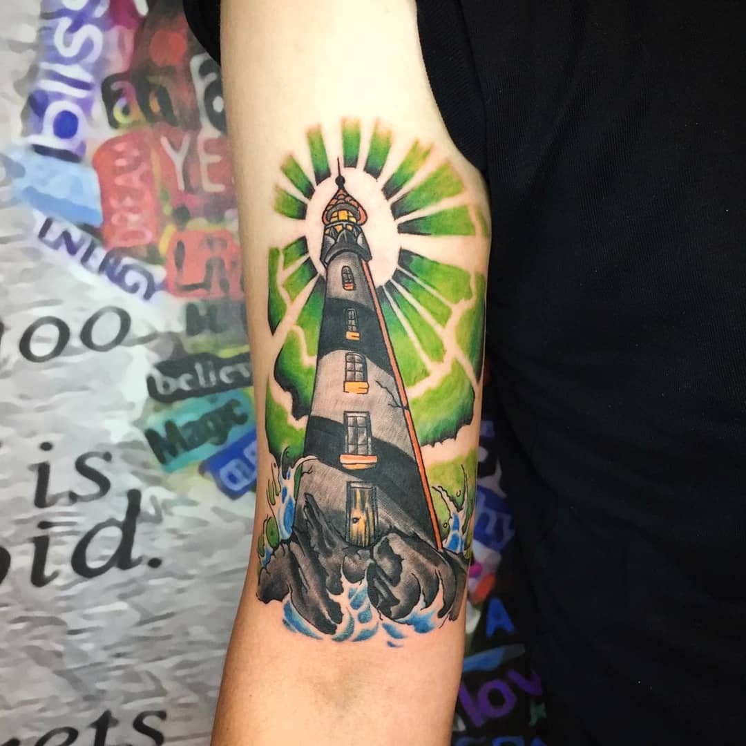 Lighthouse Traditional Tattoo With Green Elements