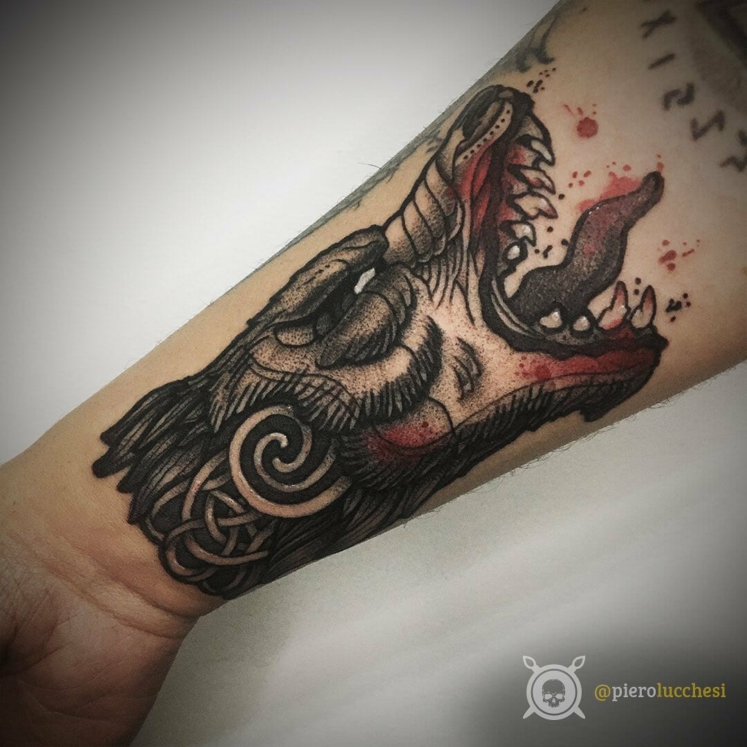 Black Fenrir Wolf Tattoo With Red Blood Elements