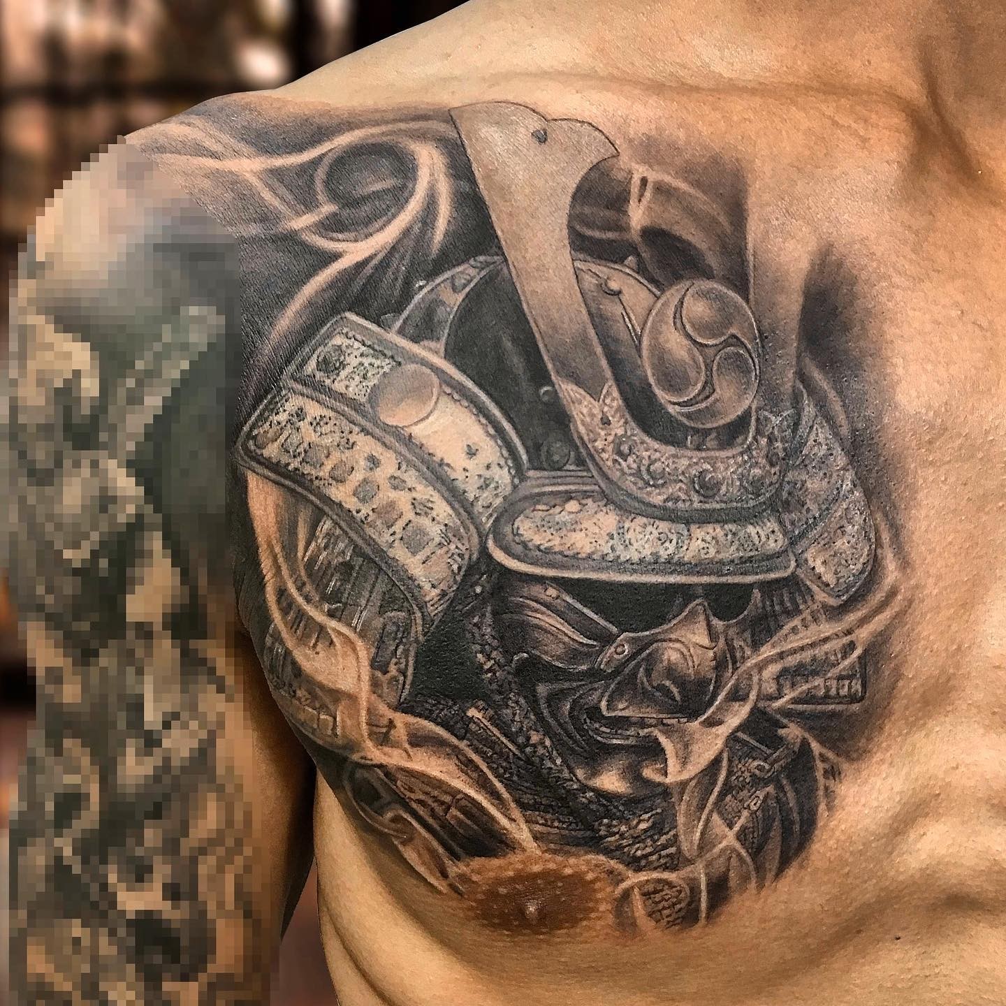 The Black Japanese Samurai Mask Smoke Tattoo