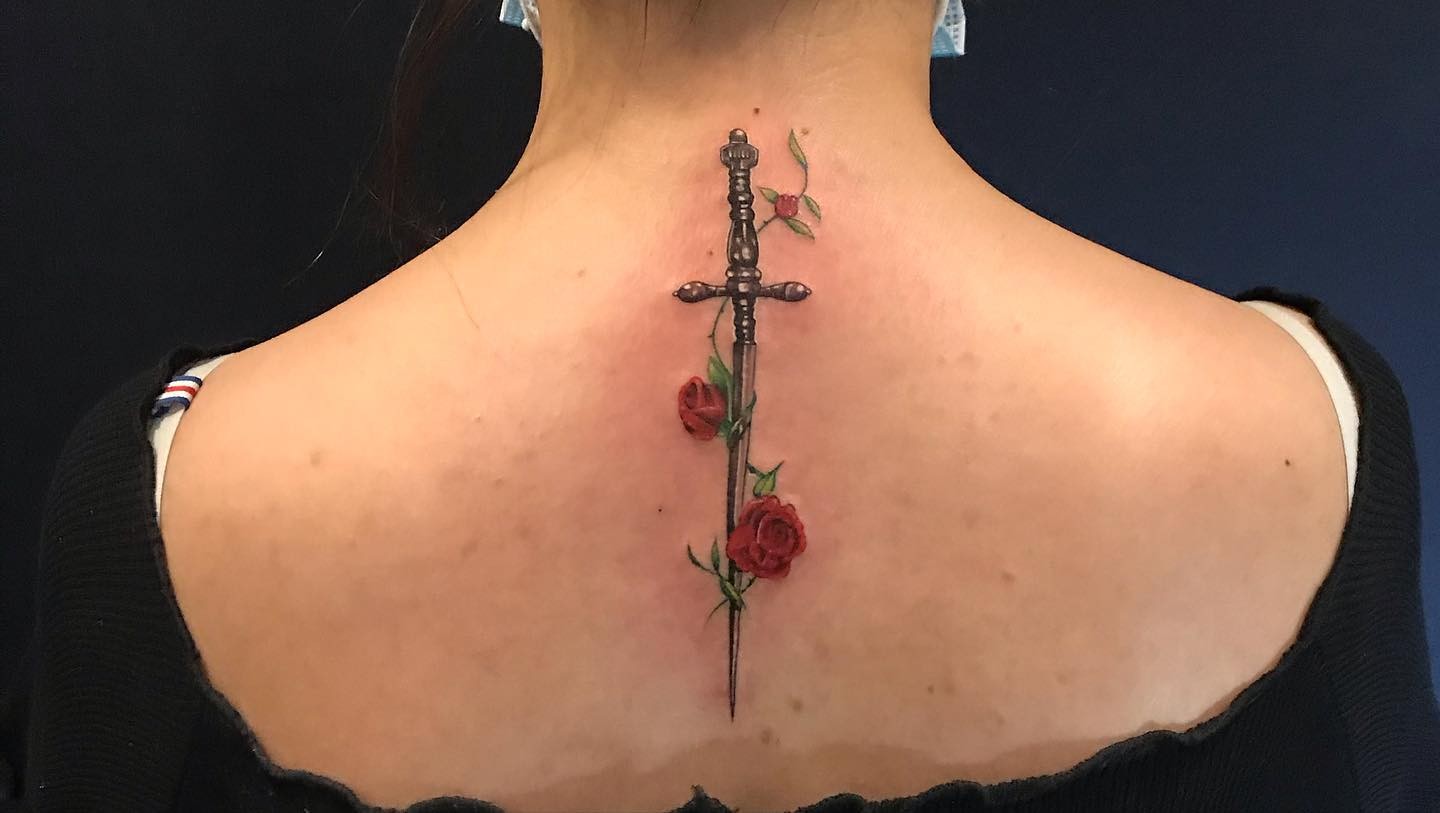 Sword And Rose Back Tattoo