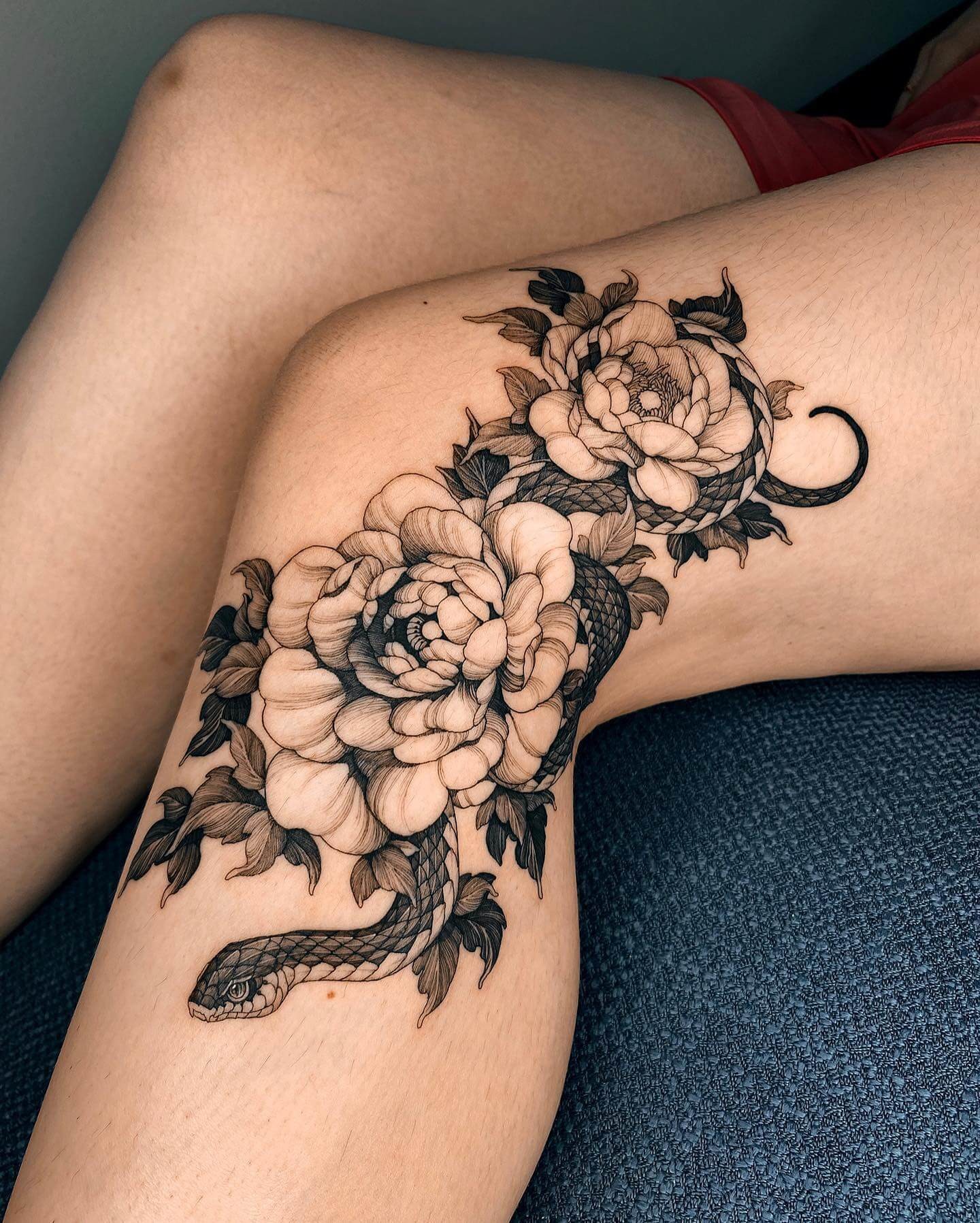 Snake X Peony Black Ink Tattoo