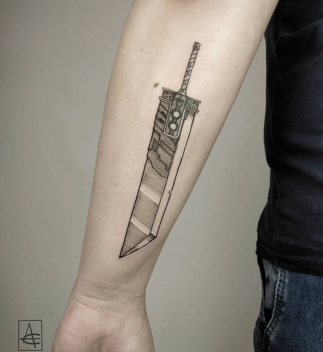 Clouds Buster Sword Tattoo In Fine Line