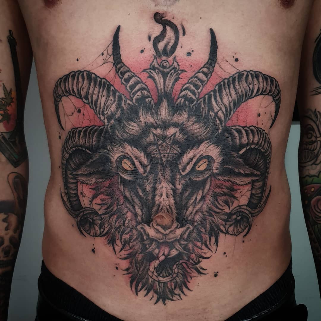 Black Baphomet Tattoo Over Stomach