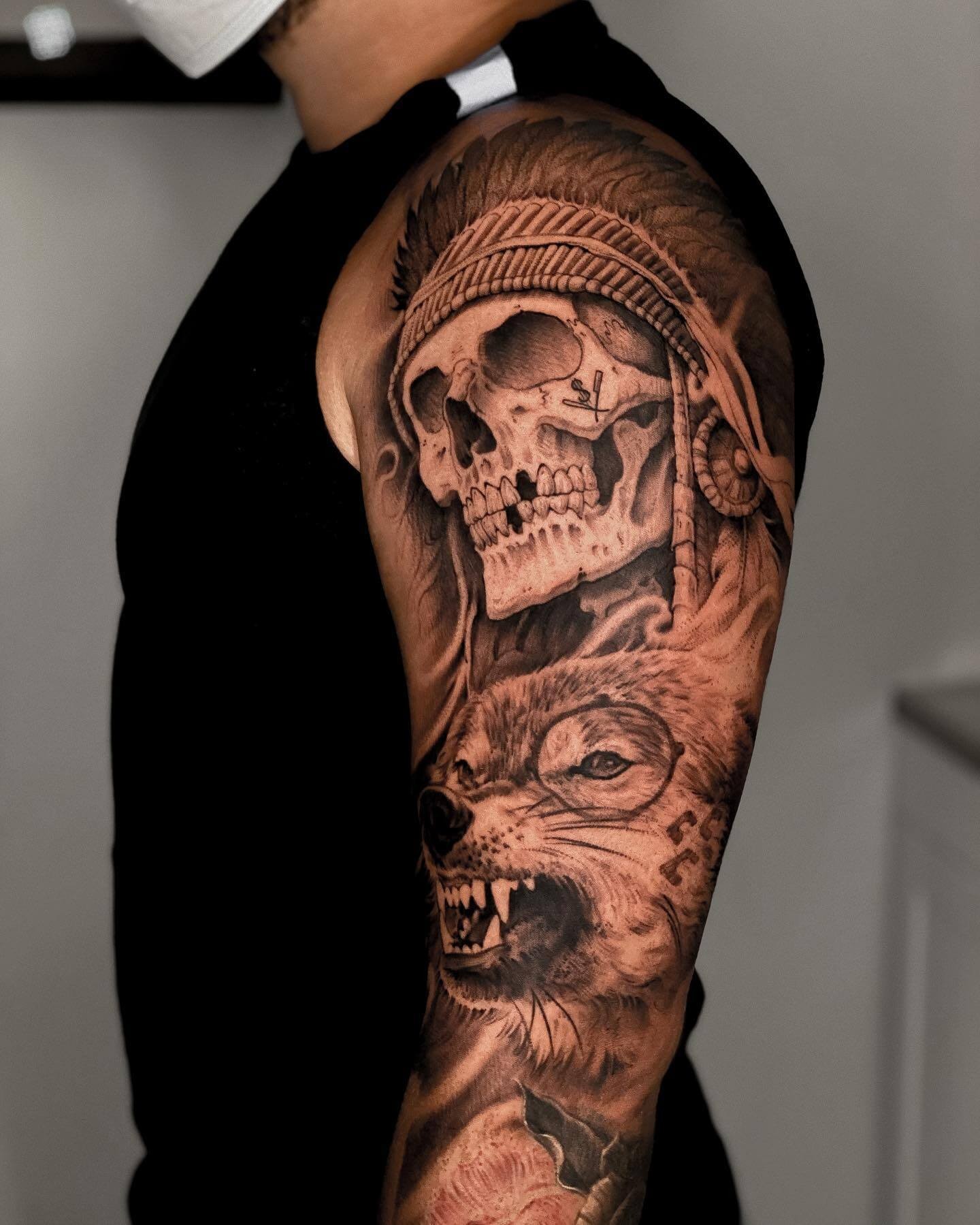 Native American Skull Headdress & Wolf Tattoo