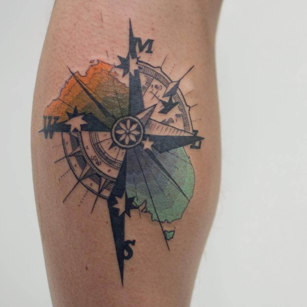 Colourful Cross Tattoo With Compass