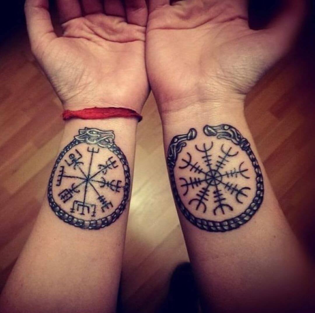 Matching Vegvisir And Helm Of Awe Ouroboros Norse Tattoo Ideas For Men On Wrist