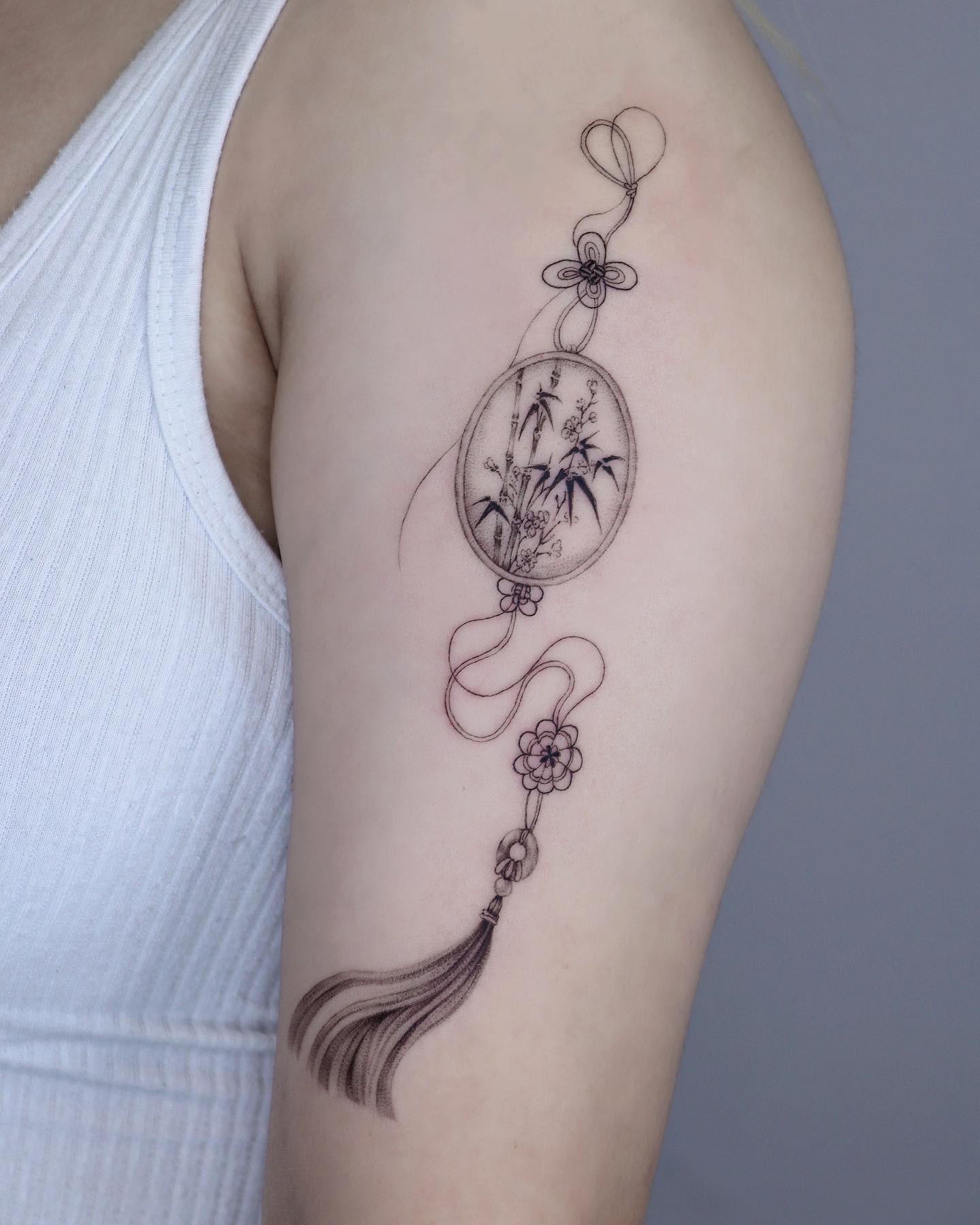 Chinese Knot Tattoo With Beautiful Bamboo And Cherry Blossom