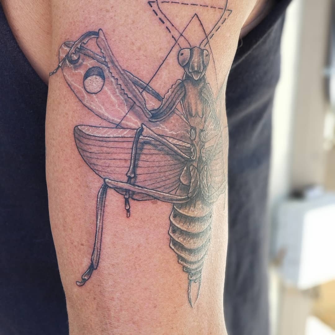 Detailed Gray-Scale Praying Mantis Tattoo