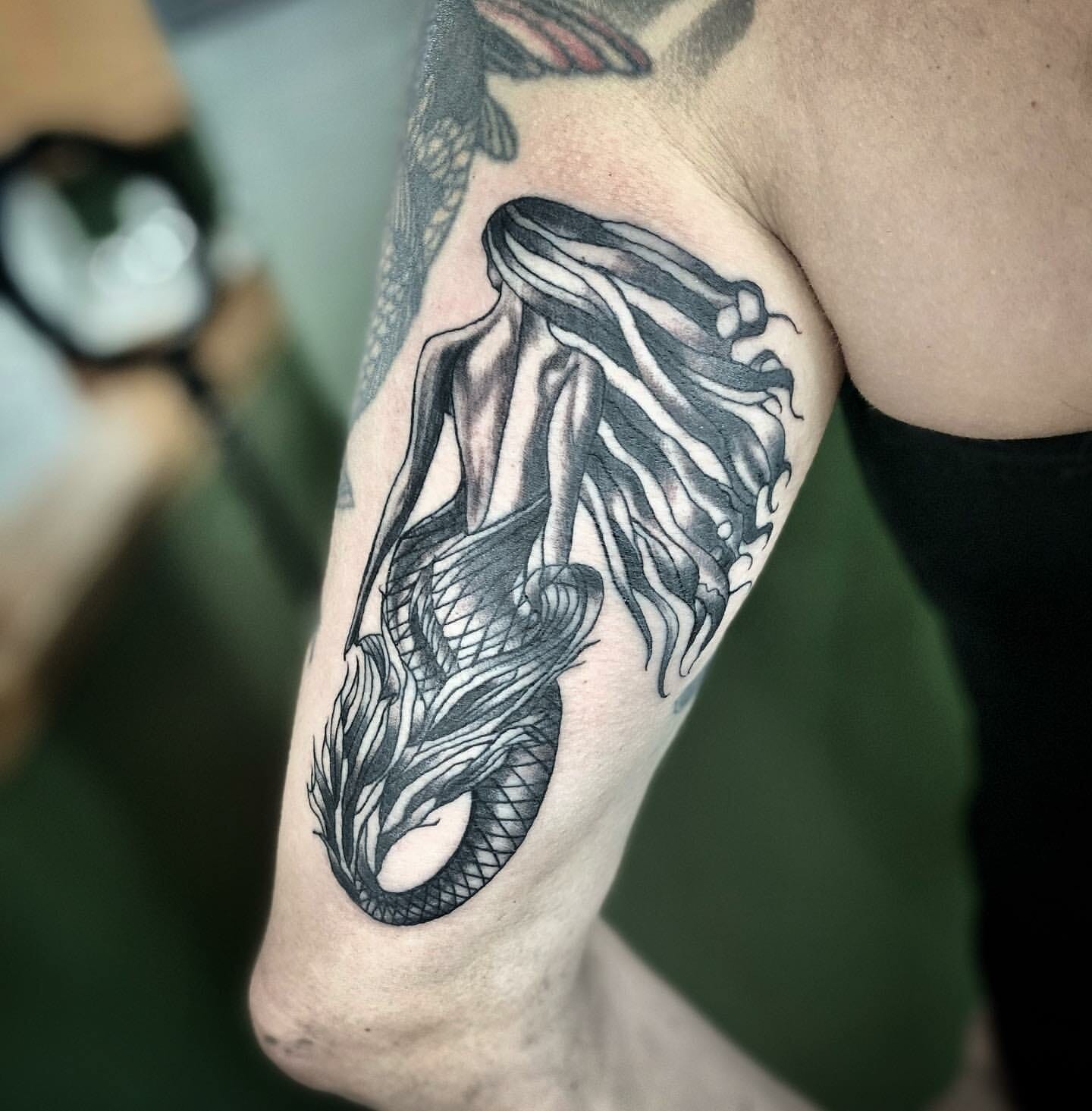 Black And Grey Mermaid Tattoo