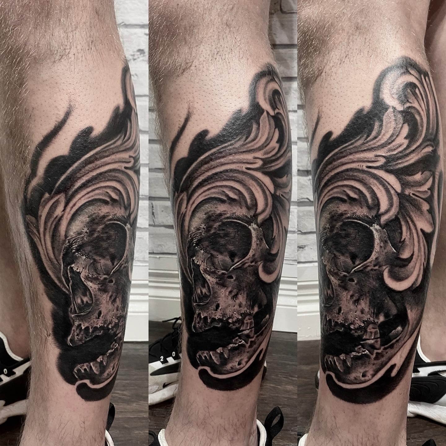 Realistic skull leg tattoos for men