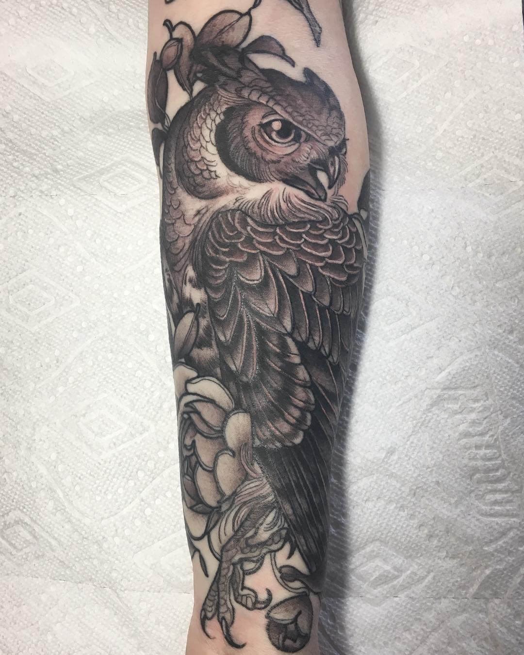 Realistic Brown And Black Horned Owl Linework Tattoo