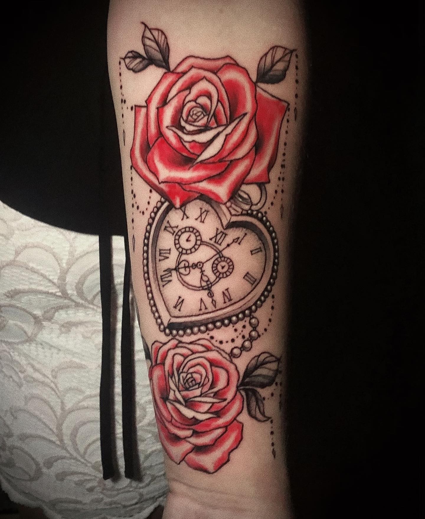 Feminine Rose and Clock Tattoo