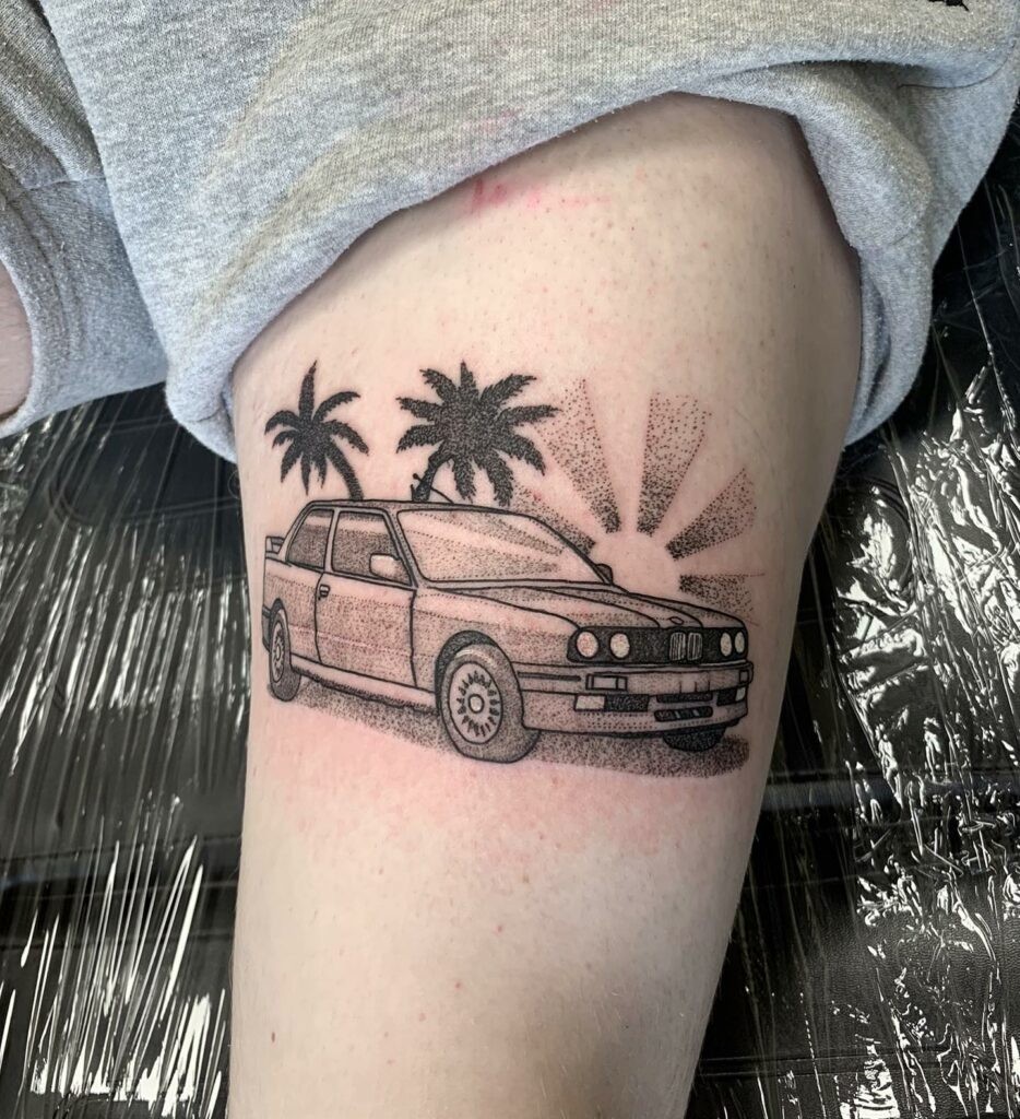 Burning E30 Car Tattoo On The Leg