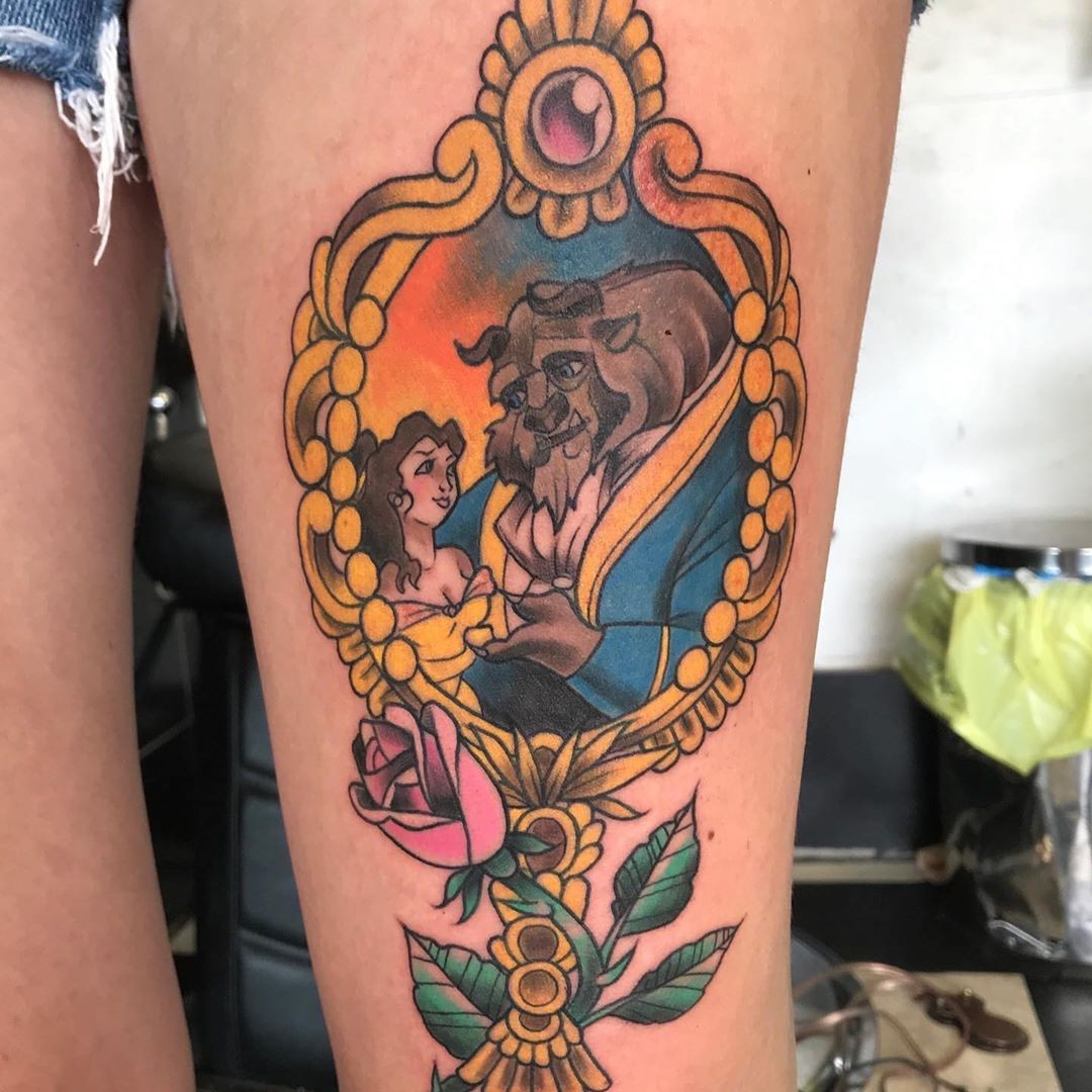 Classic Tattoo Disney Movies Inspired Beauty And The Beast Enchanted Rose Mirror Design