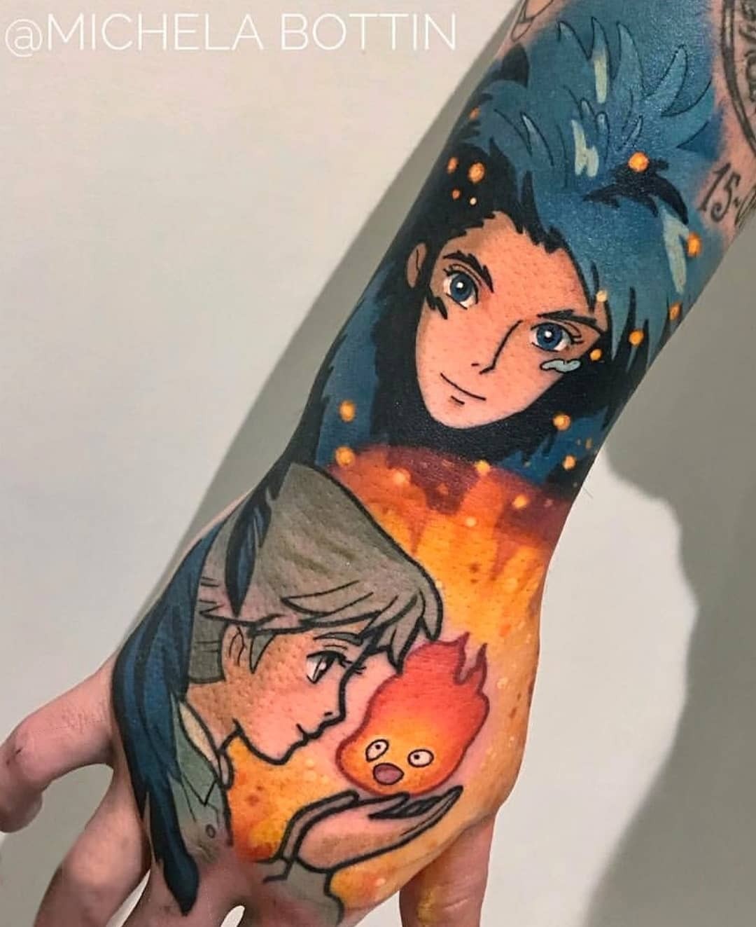 Artistic Calcifer And Howl Half-Sleeve Tattoo