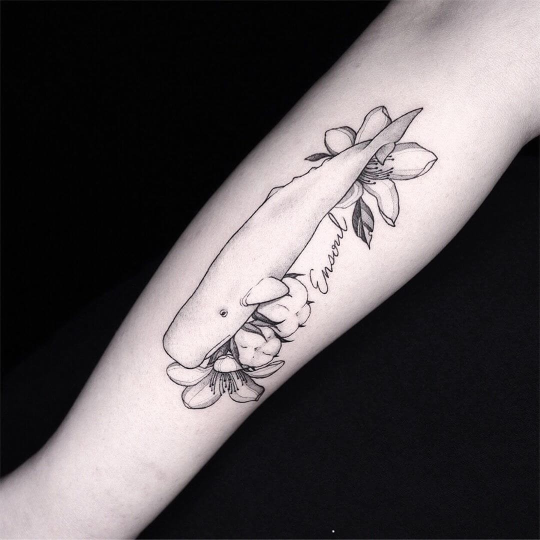 Beautiful Sperm Whale With Flowers And Name Tattoo Ideas With Meaning For Arm Position