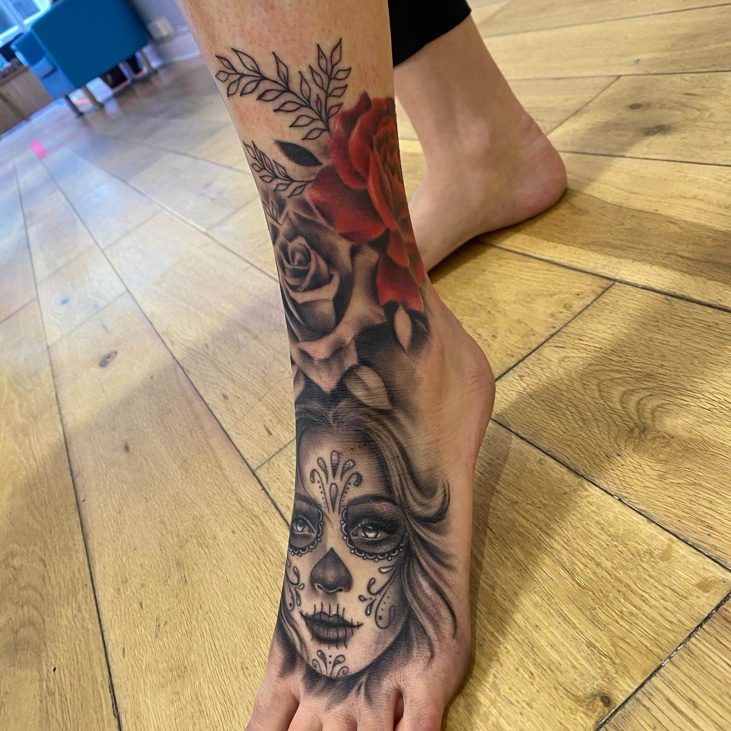 Feminine Foot Sugar Skull Tattoo