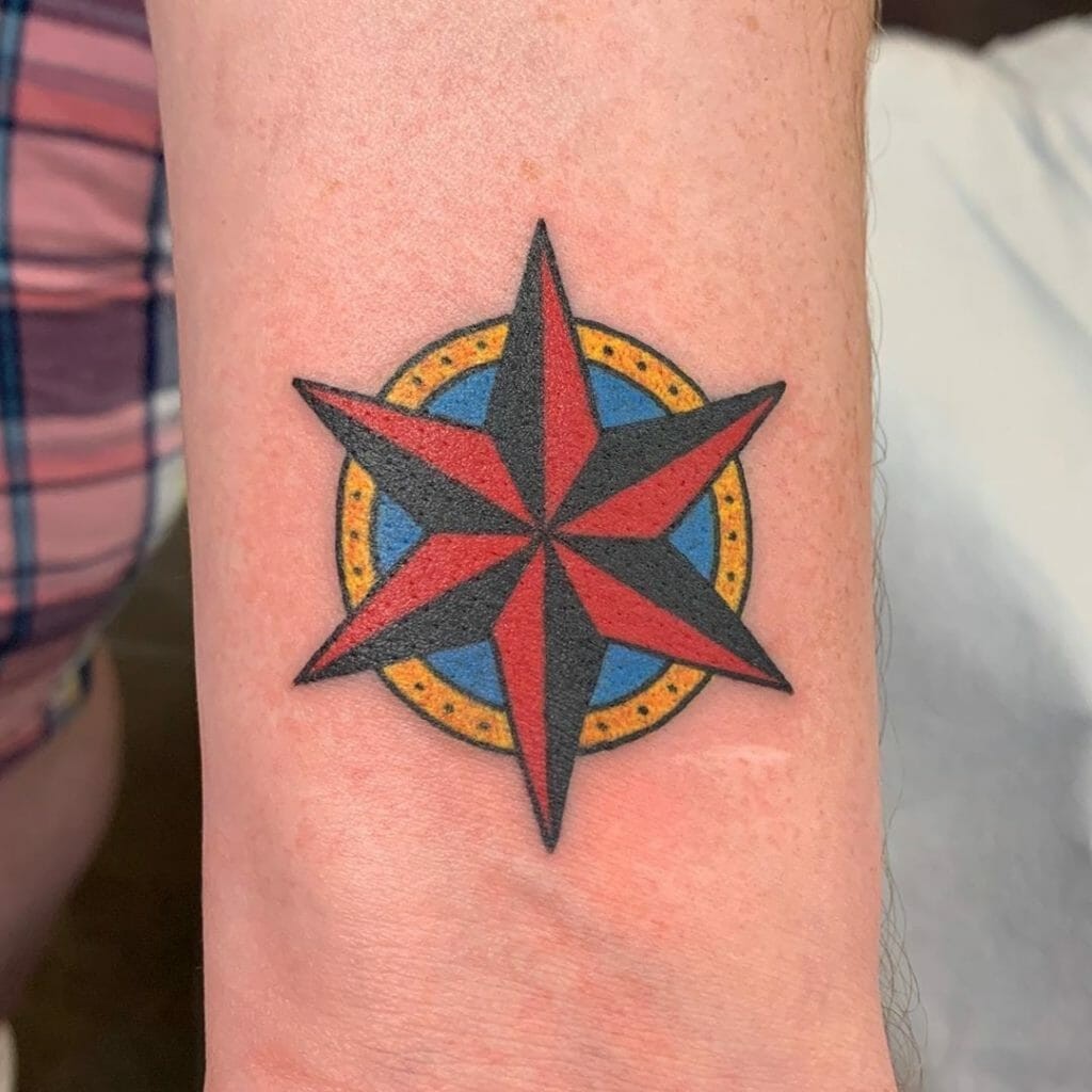 Traditional Red Nautical Star Forearm Tattoos