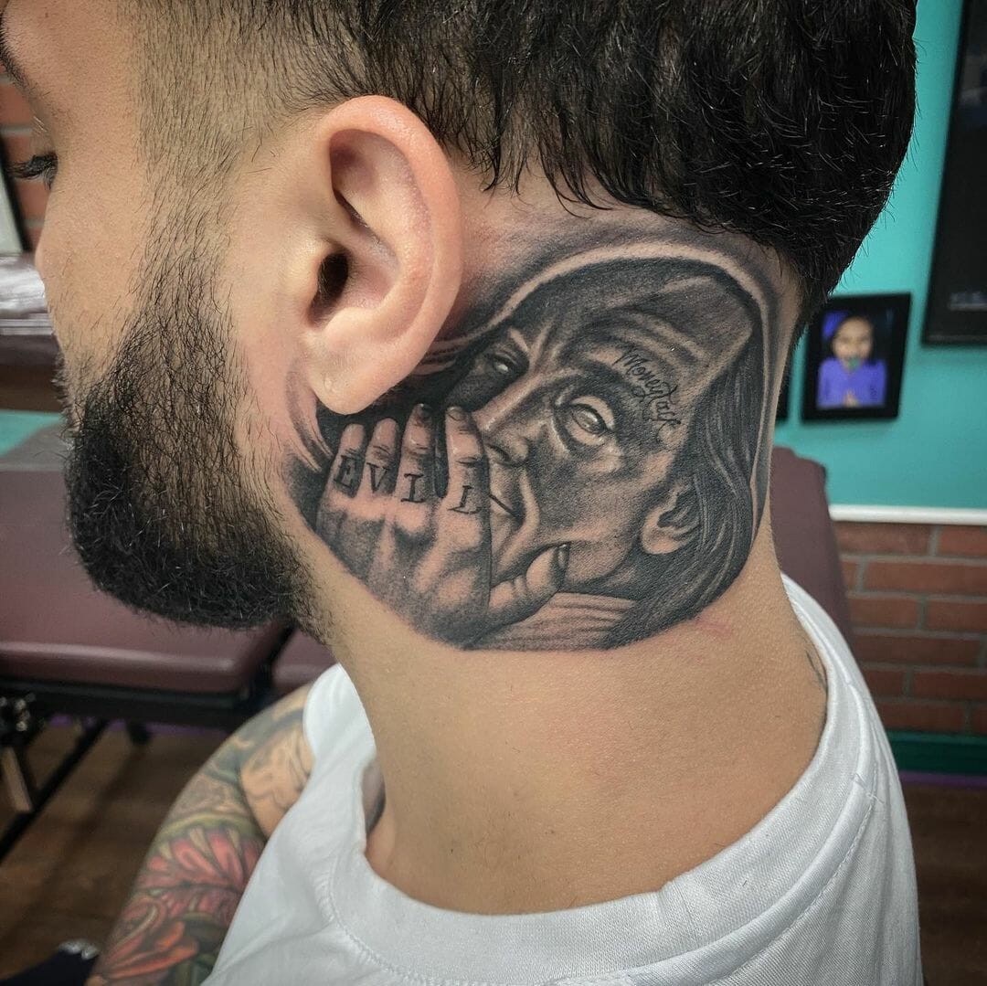 Benjamin Franklin Tattoo Behind Ear