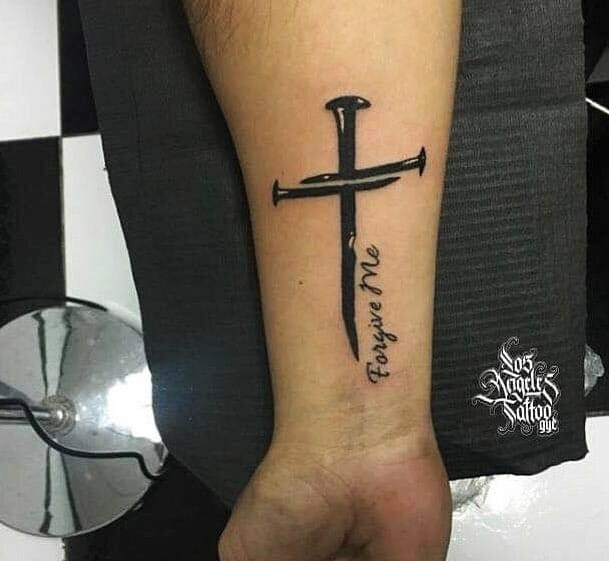 Right Forearm Forgive Me Nail Cross Tattoo Idea