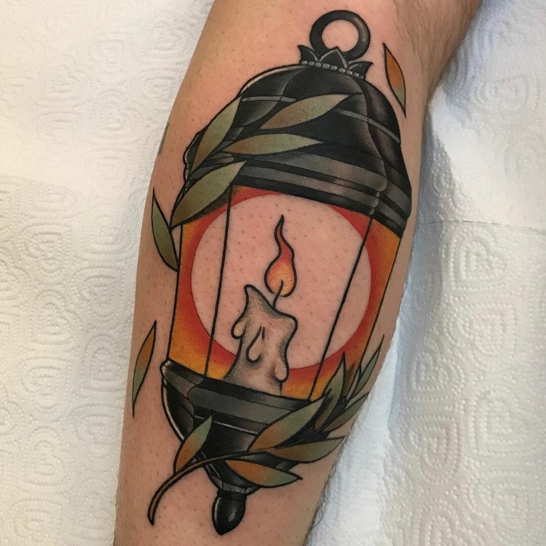 Colorful Men Traditional Lantern Tattoo