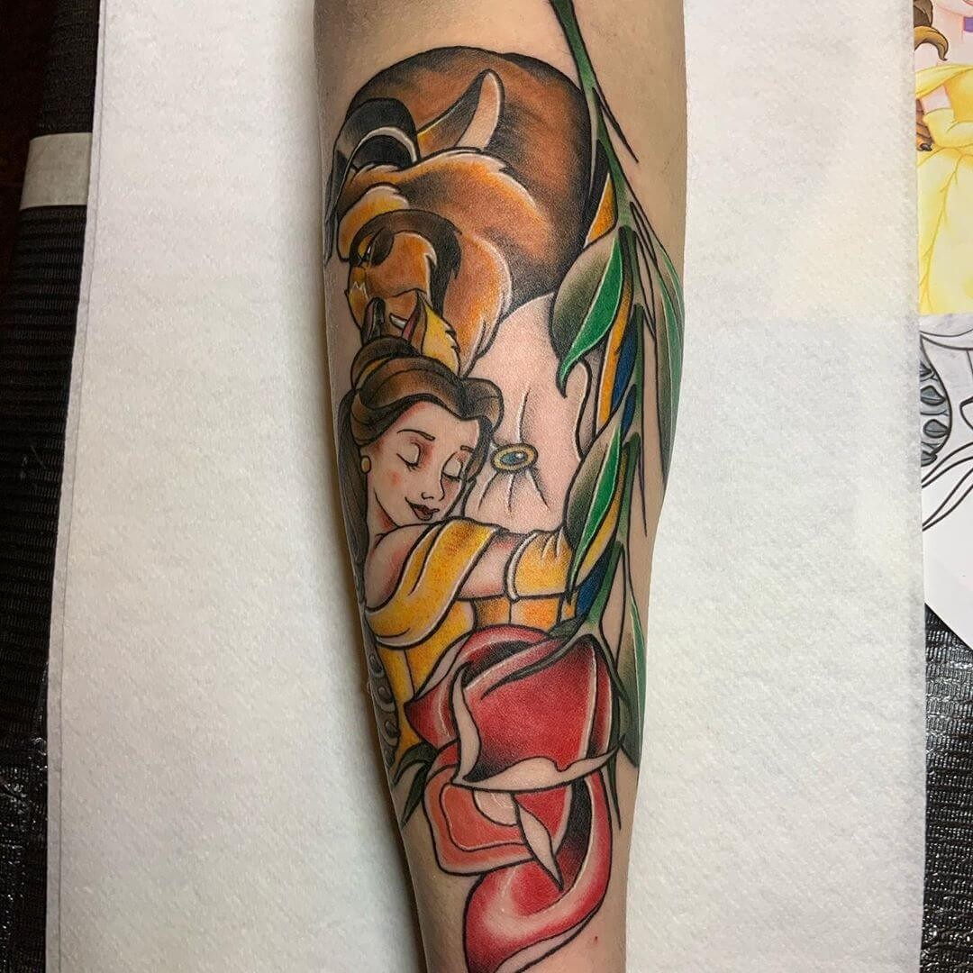 Beautiful Beauty And The Beast Tattoo Disney Full Colored Inks Sleeve Tattoo Ideas