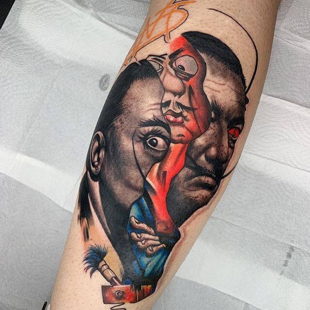 Salvador Dali Surrealist Tattoo Head Splitting Realistic vs Cartoony Design On Shin