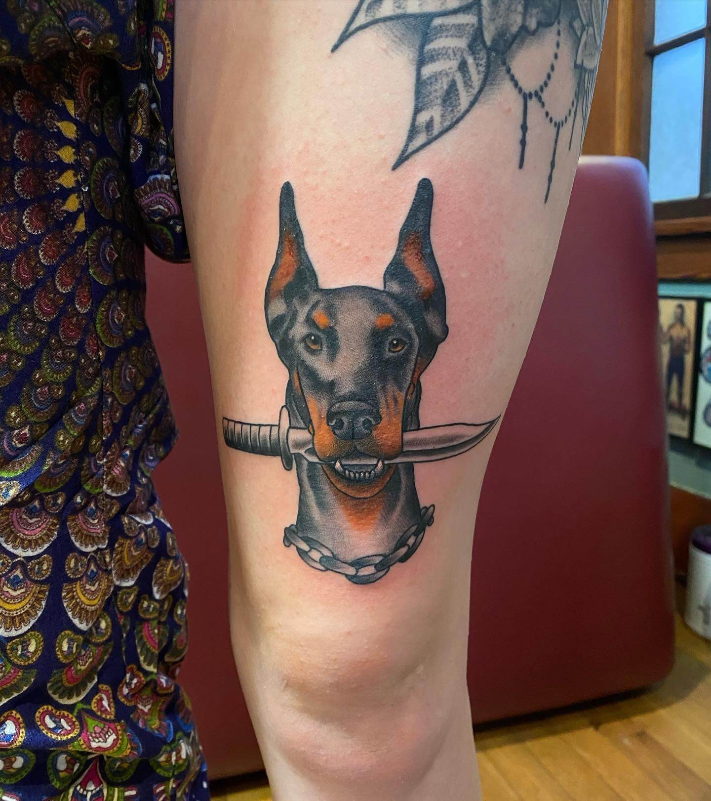 Doberman Tattoo With Knife