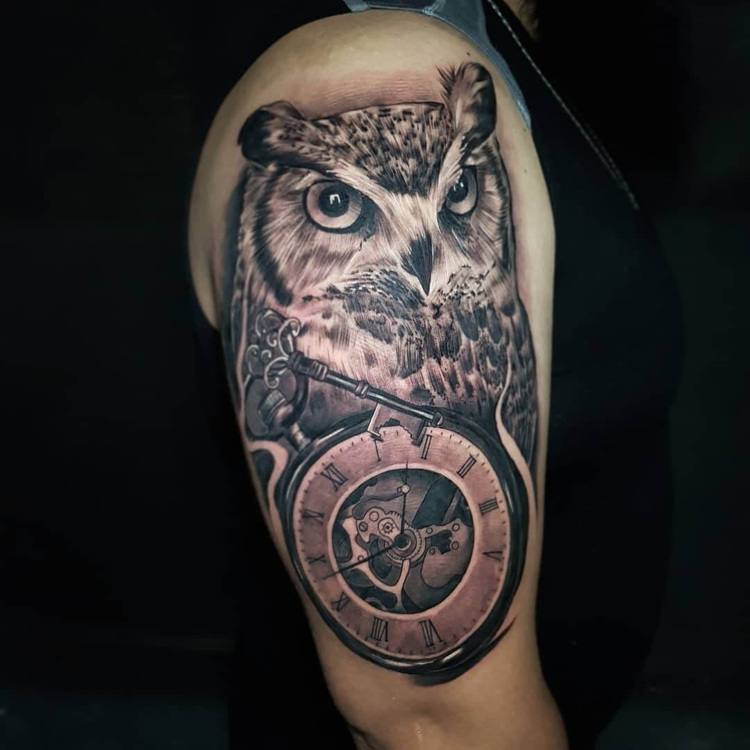 Clock and Owl Tattoo