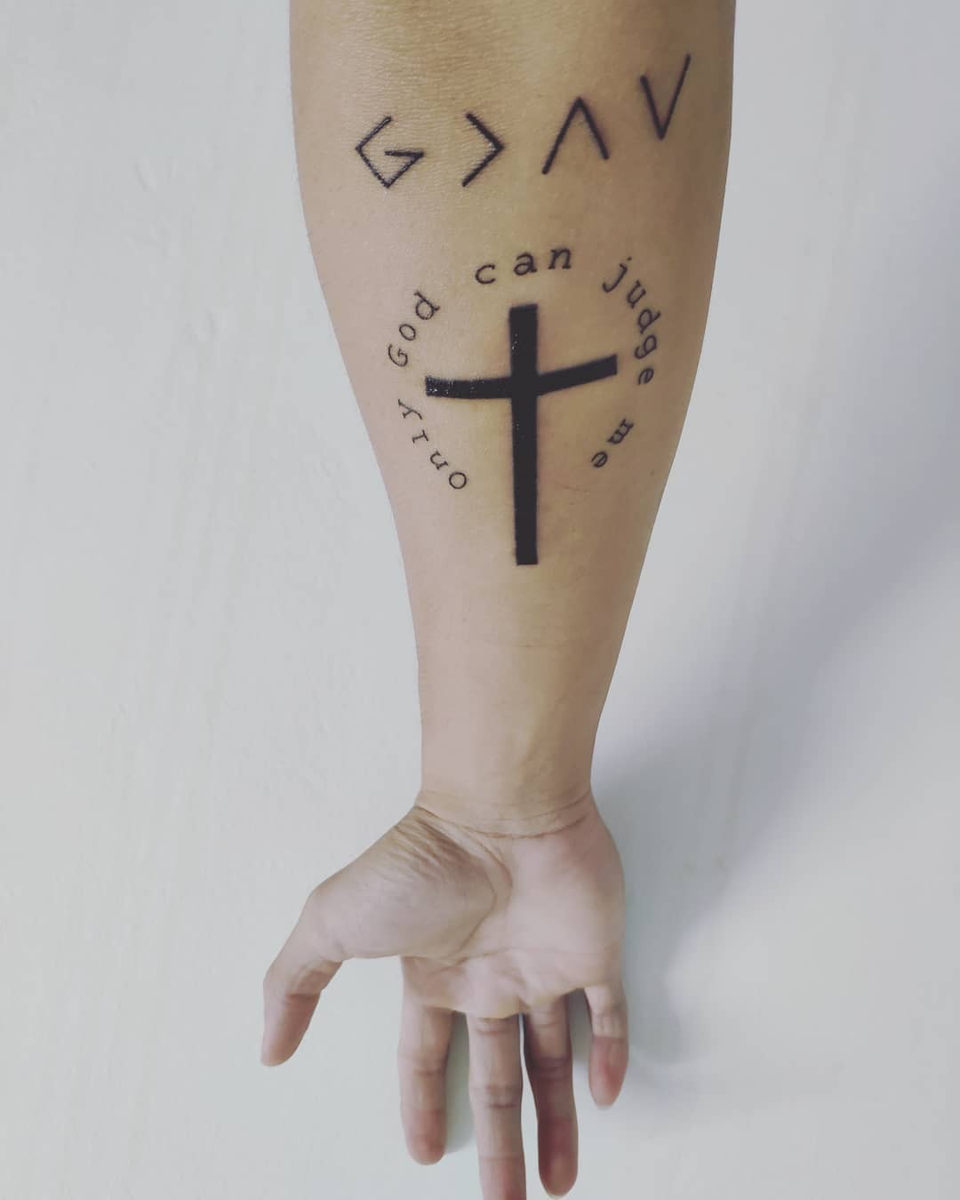 Arm Tattoo Only God Can Judge Me + A Cross Tattoo