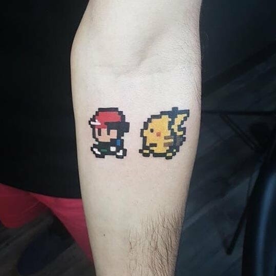 Awesome Retro Old School Pokemon Tattoos Pixelated Ash and Pikachu Tattoo