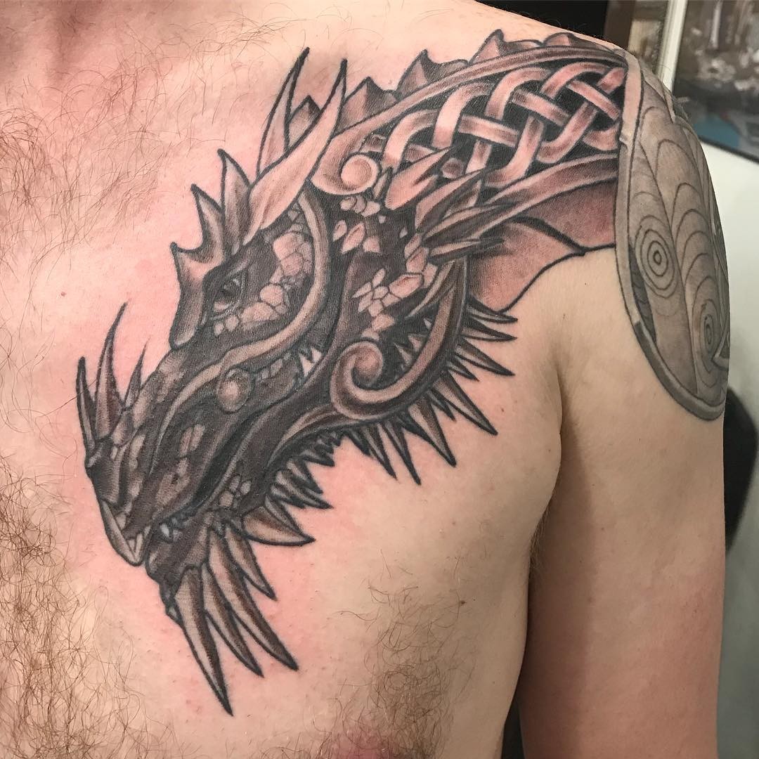 Larger Celtic Dragon Tattoo Over Shoulder & Chest