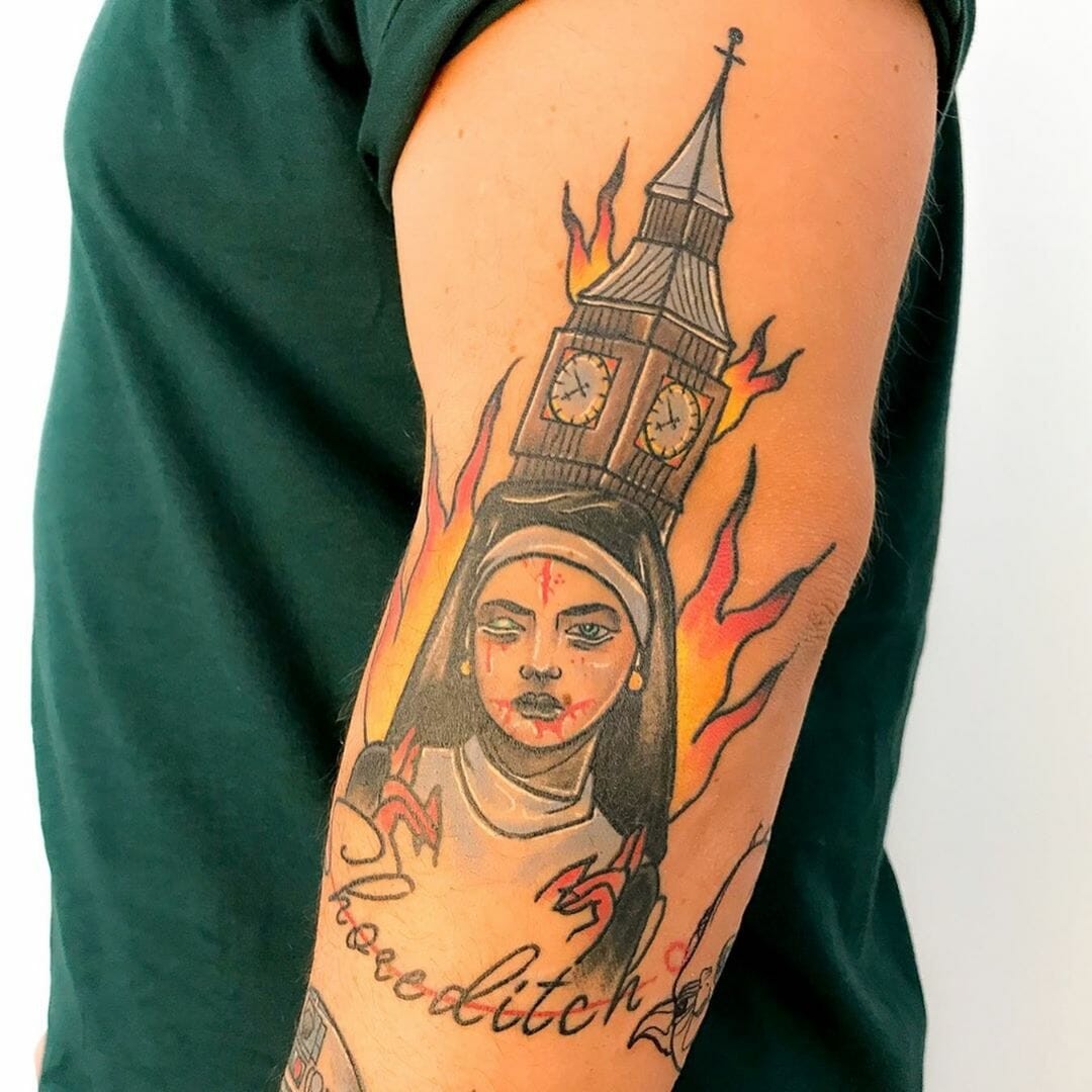 Small Flame Tattoos With With Nun And Church