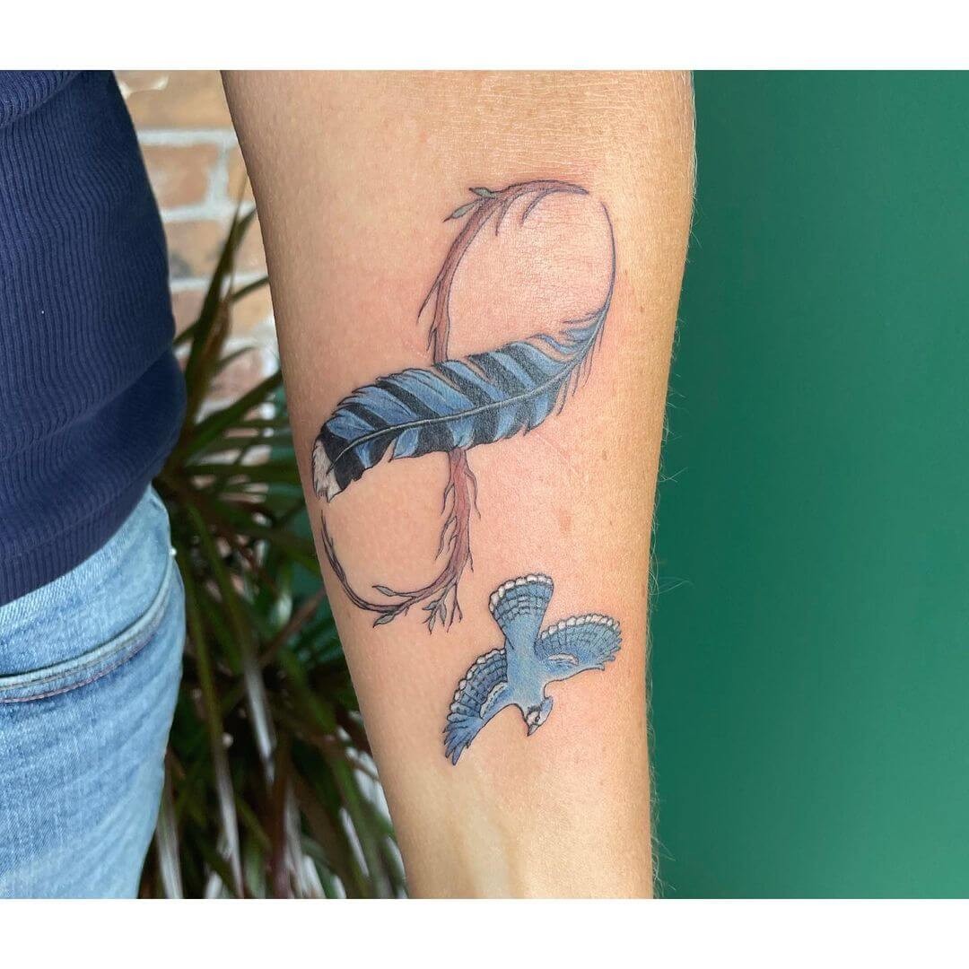 Infinity Blue Jay Feather Tattoo