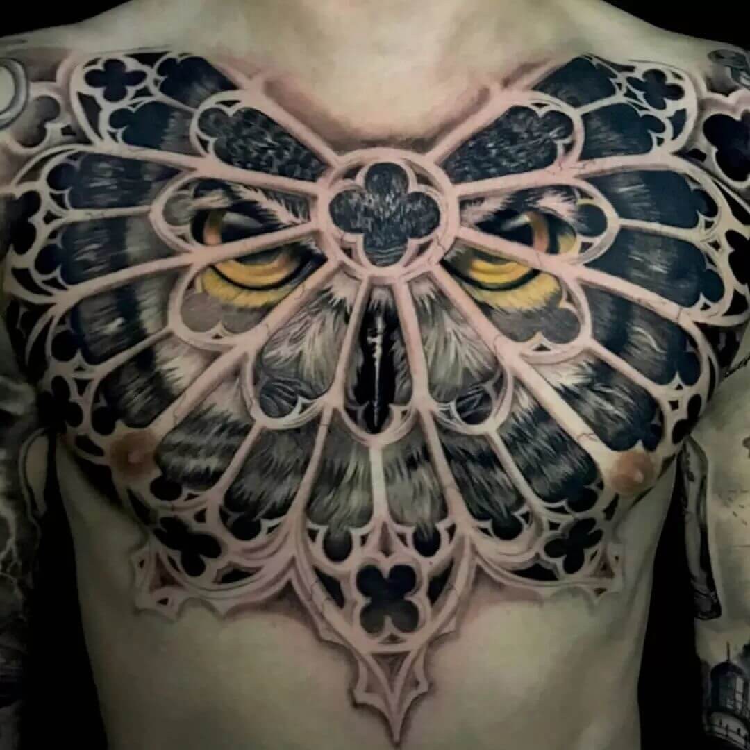 Caged Owl Tattoo On Chest