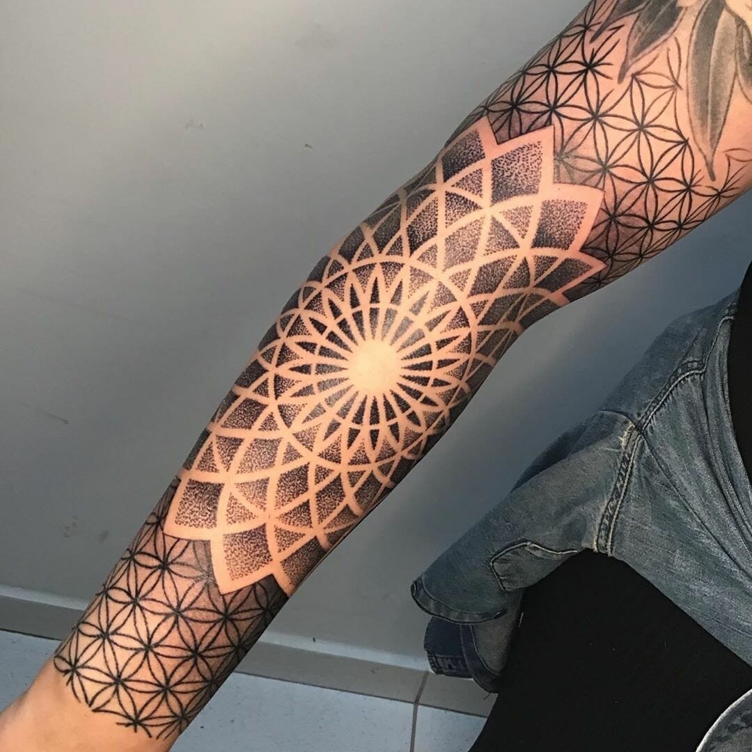 Fully Inked Mens Sleeve Tattoo Gradient Spiritual Flower Of Life Geometric Tattoos Ideas