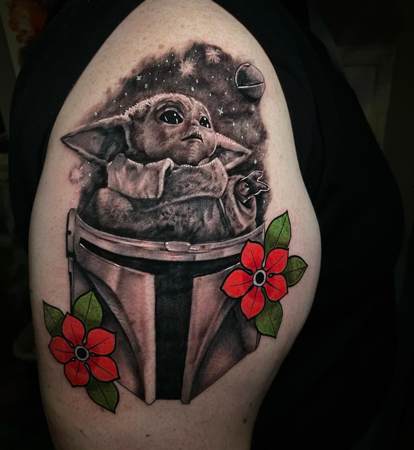 Baby Yoda Peeping Out Of Mandalorian Helmet Tattoo