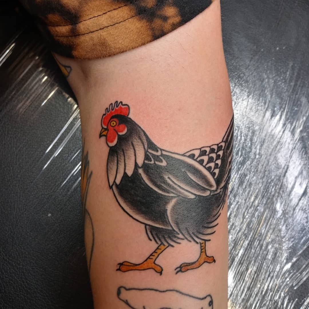 Detailed Black Chicken Tattoo