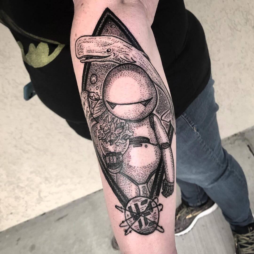 Awesome Blackwork Tattoo Based On The Hitchhiker’s Guide To The Galaxy