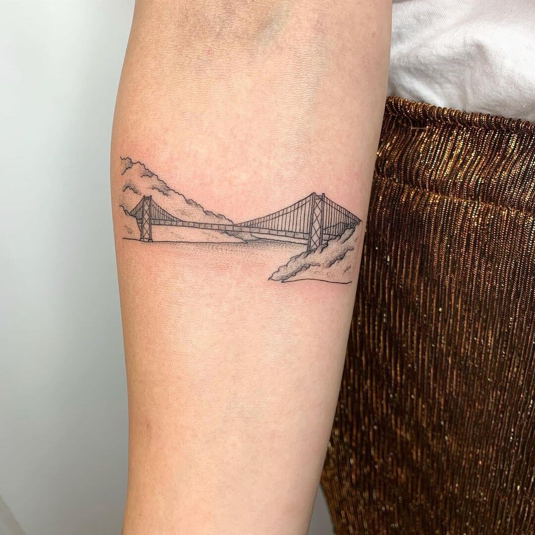 Simple and Fine Line Bear Mountain Bridge Tattoo