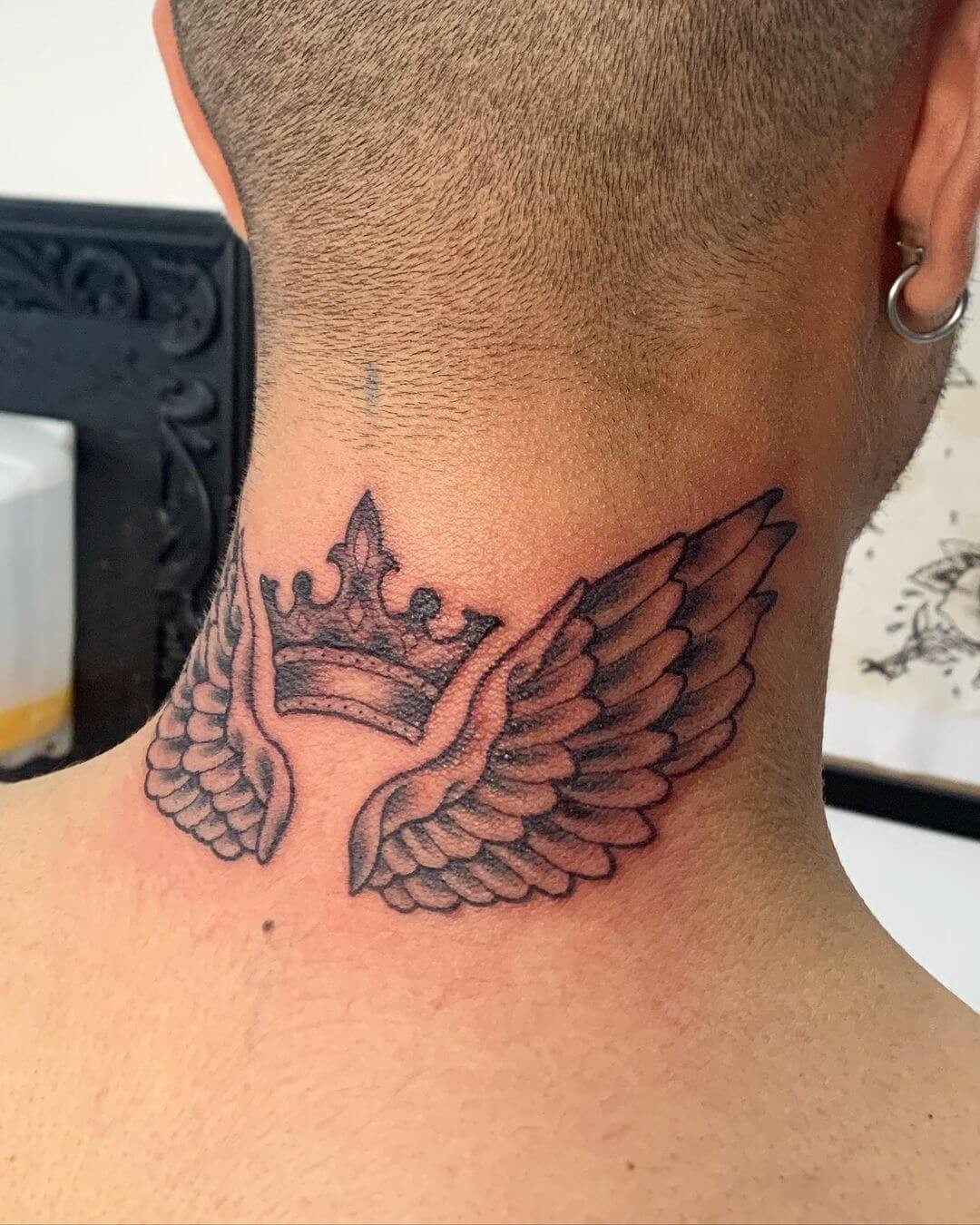 Black Neck Angel Wings Tattoo